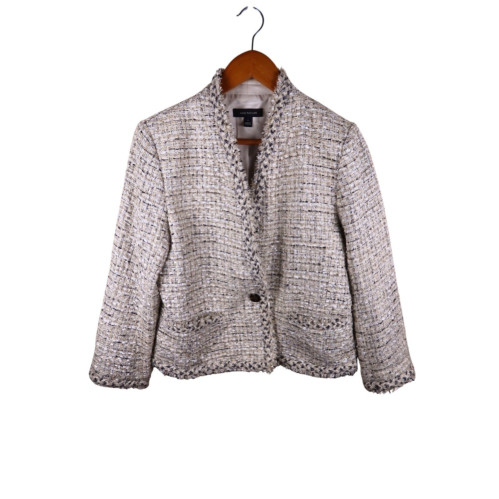 Ann Taylor Women Size 6 Tweed Blazer Jacket Braided Trim Cream Tan Navy